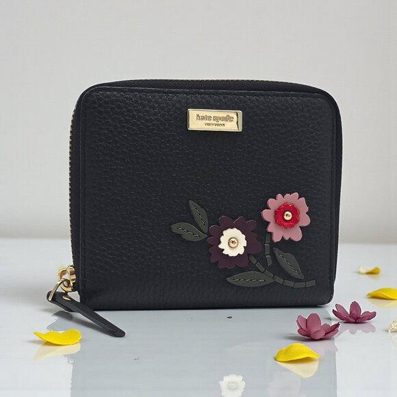 Kate Spade Laurel Way Darci Floral Appliqué Zip Wallet Black Pebbled Leather - Picture 5 of 16